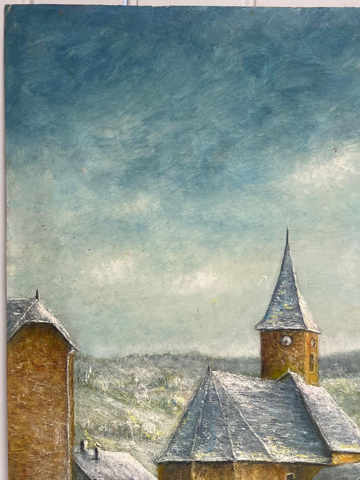 photo furniture Jean Fouriesnow Covered Spine Church Roof French 20th C. Oil Painting Village Landscape