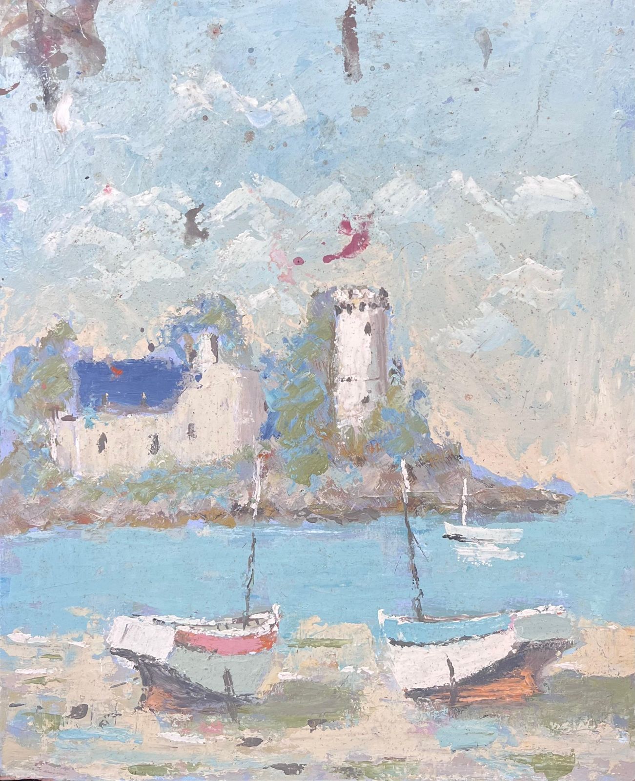 Fanch Lelpair Of Docked Fishing Boats In Empty Beach Bay French Landscape Oil Painting photo furniture