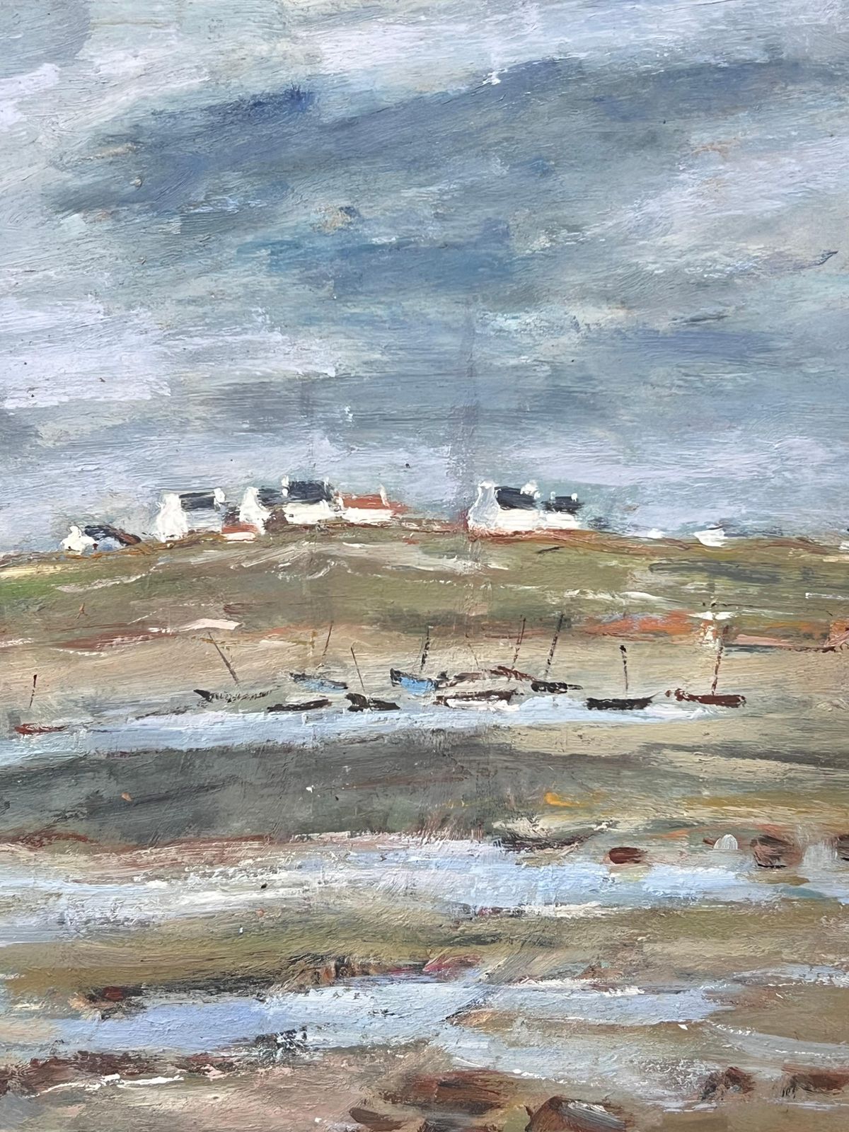 Fanch Leldry Shore With Distant Docked Sailing Boats French Landscape Oil Painting photo for sale