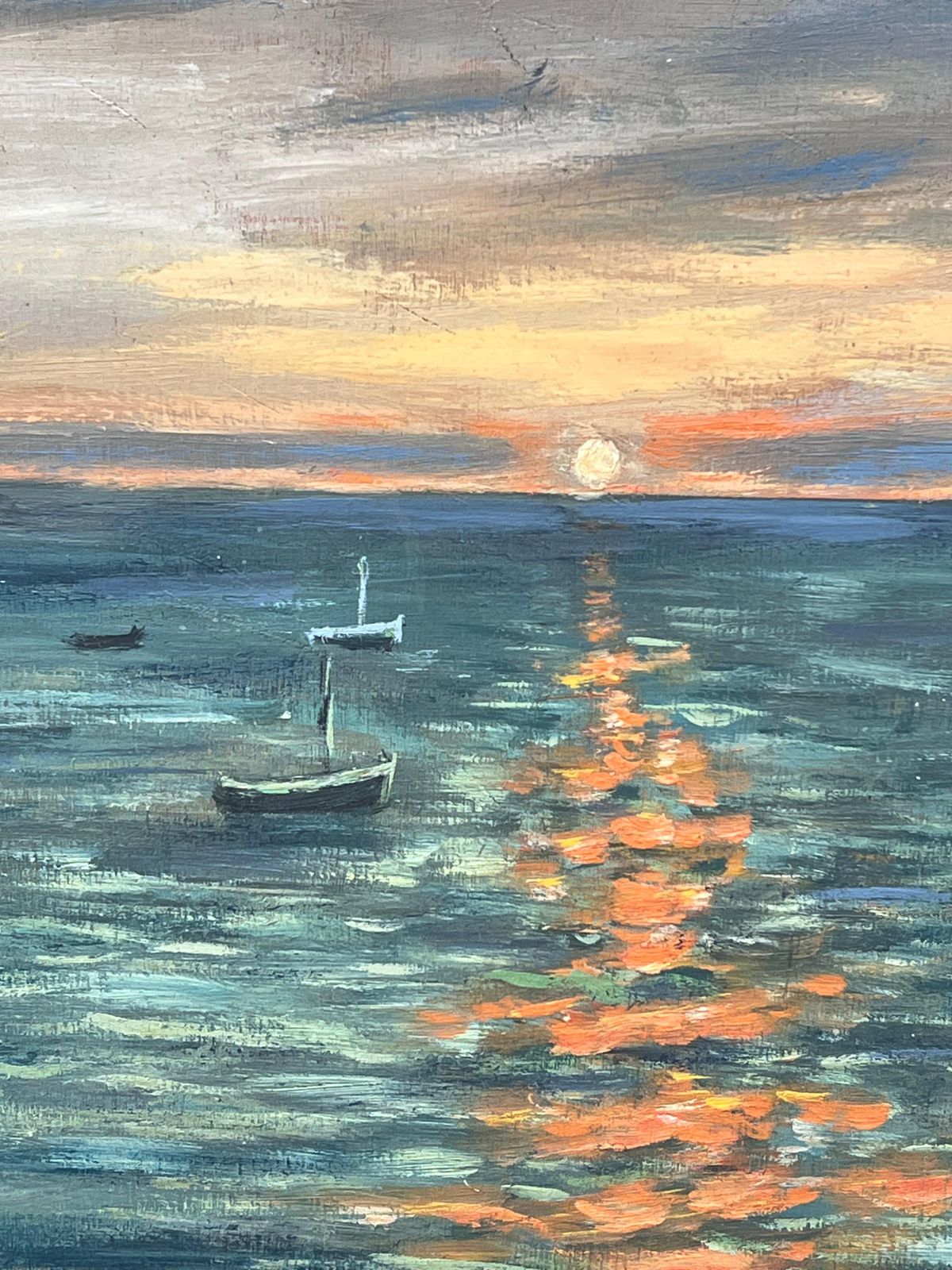Fanch Leldappled Orange Sunset On The Bright Boat Blue Sea French Landscape Oil Painting photo for sale