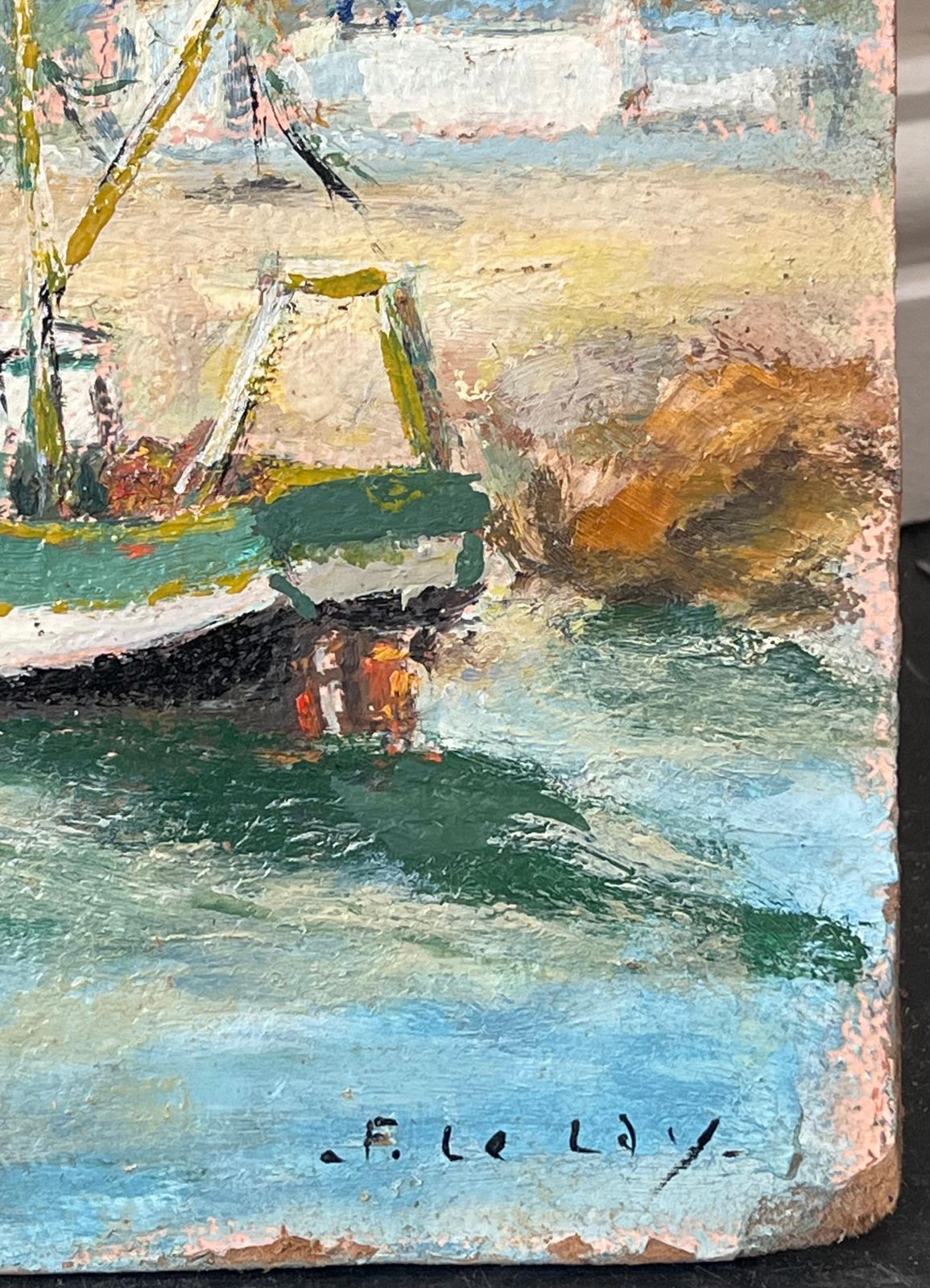 Fanch Lelbright Colourful Boats Docked On The Summer Sand French Landscape Oil Painting photo vintage