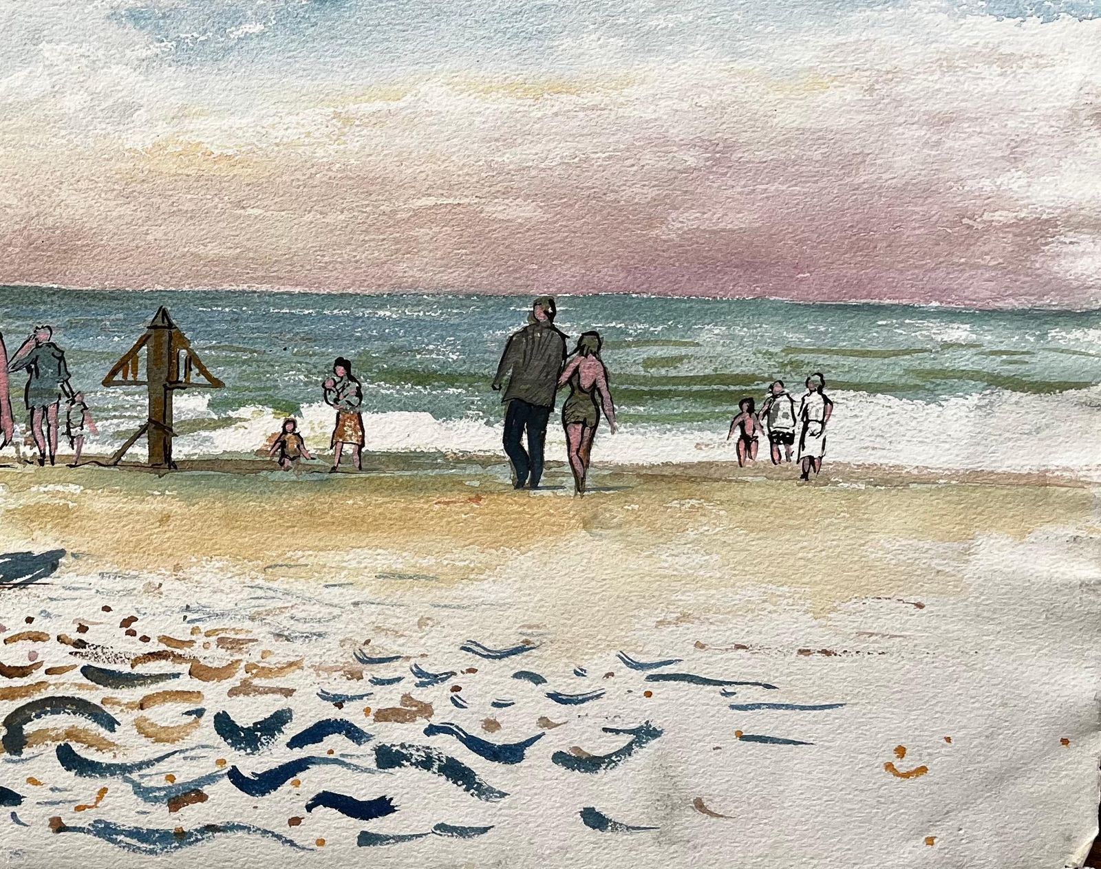 John Steane (B.1931)dorset Beach Scene With Families Sea And Sky By British Artist John Steane photo 310.0