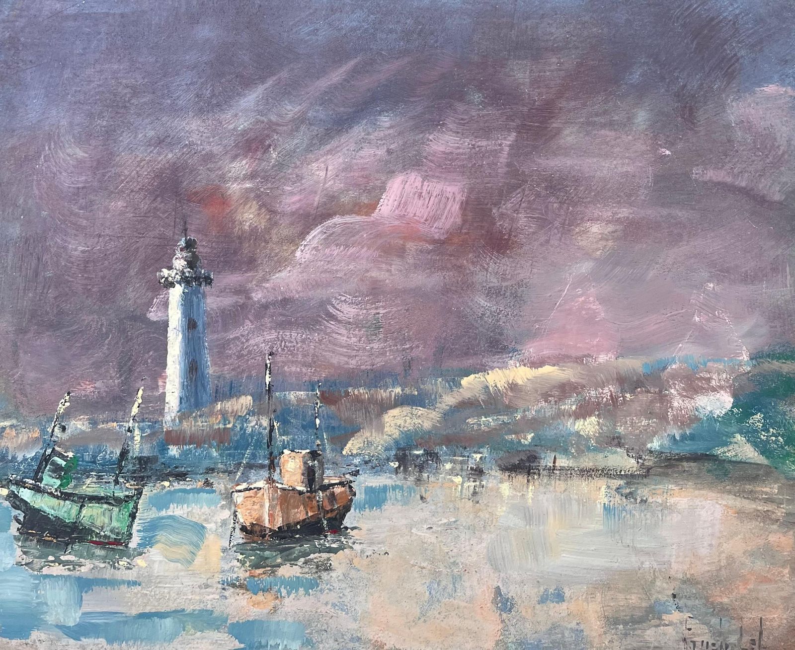 Fanch Lelpurple Sky Over Lighthouse Harbour Beach French Landscape Oil Painting