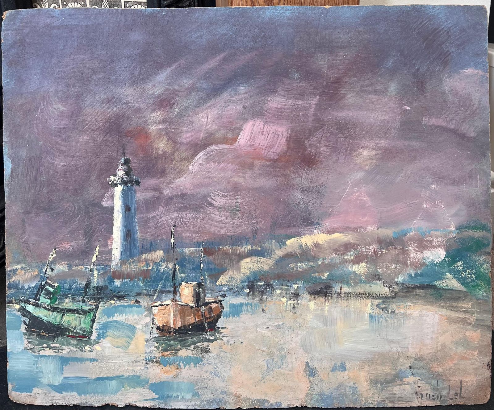 Fanch Lelpurple Sky Over Lighthouse Harbour Beach French Landscape Oil Painting photo furniture