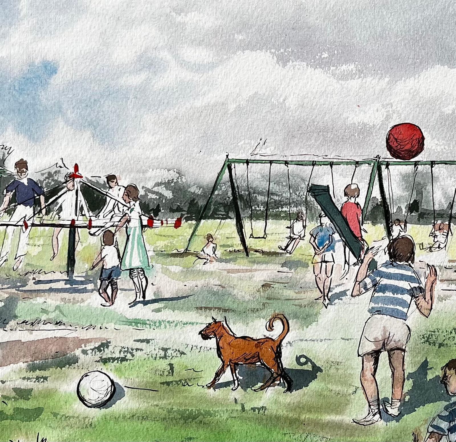 John Steane (B.1931)vintage Playground Scene Southport Common With Swings Pram And Children photo buy