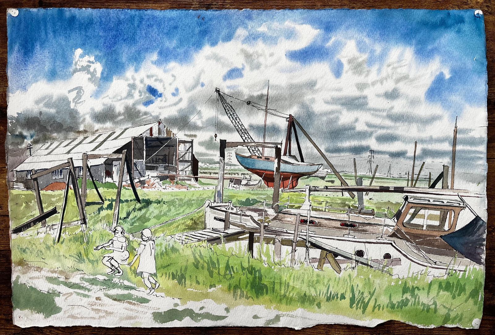 John Steane (B.1931)boatyard With Children And Storm Clouds 20th Century British Watercolour photo furniture