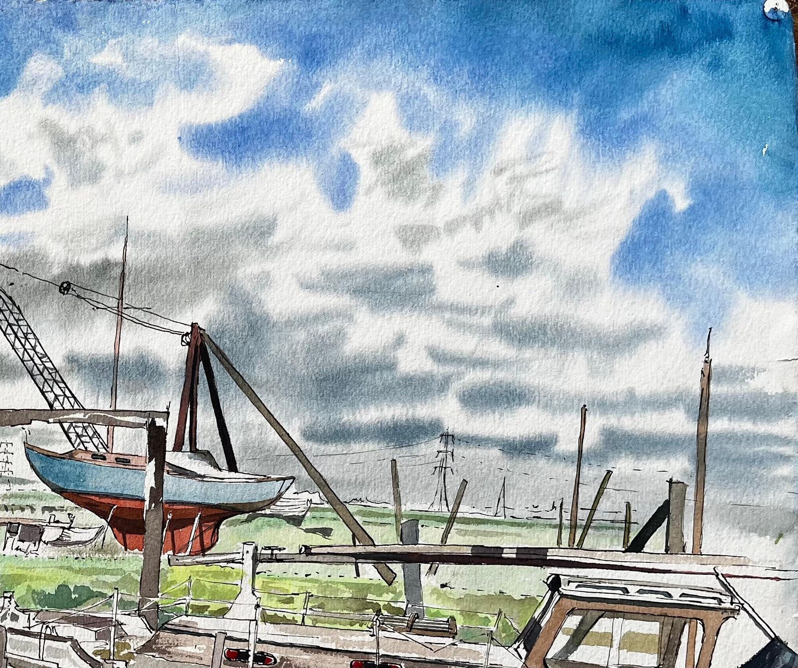 John Steane (B.1931)boatyard With Children And Storm Clouds 20th Century British Watercolour photo Art