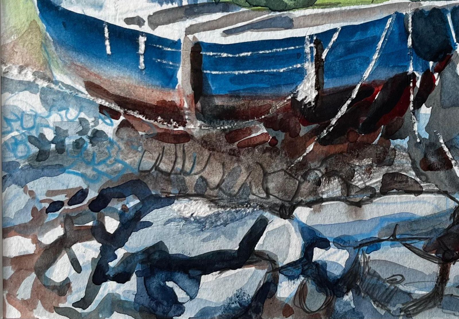 John Steane (B.1931)crete Harbour Beached Fishing Boat Greek Island Scene Mounted Watercolour photo Art