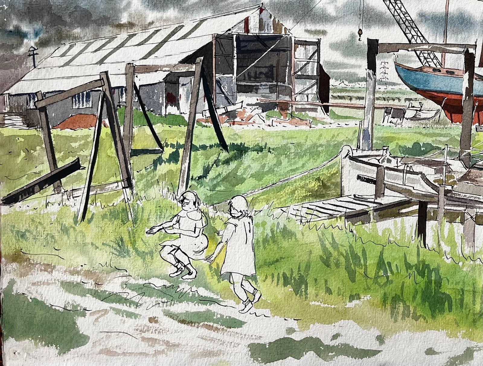 John Steane (B.1931)boatyard With Children And Storm Clouds 20th Century British Watercolour photo vinterior