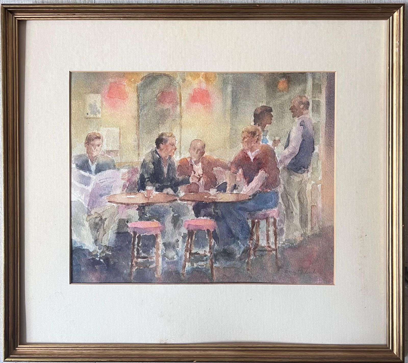 Anthony Herbertfigures Drinking In A Cosy Wooden Warm Lit Pub British Watercolour Painting