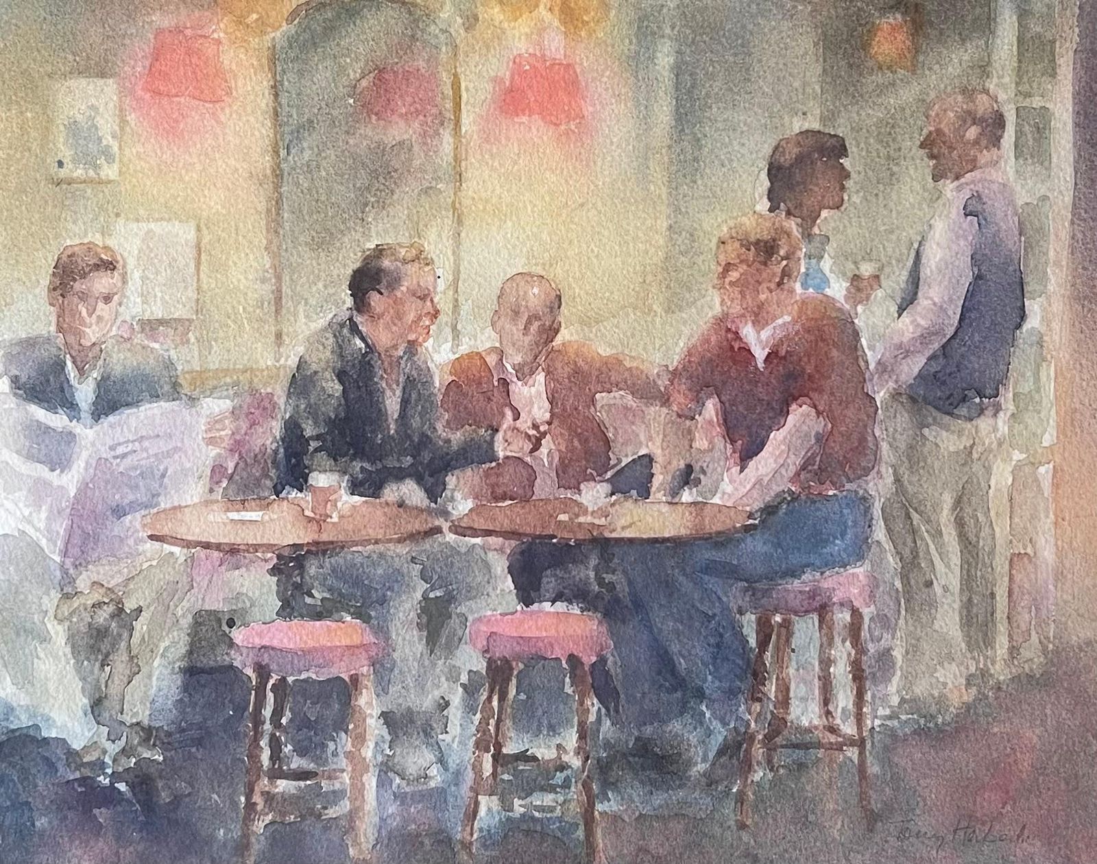 Anthony Herbertfigures Drinking In A Cosy Wooden Warm Lit Pub British Watercolour Painting photo furniture
