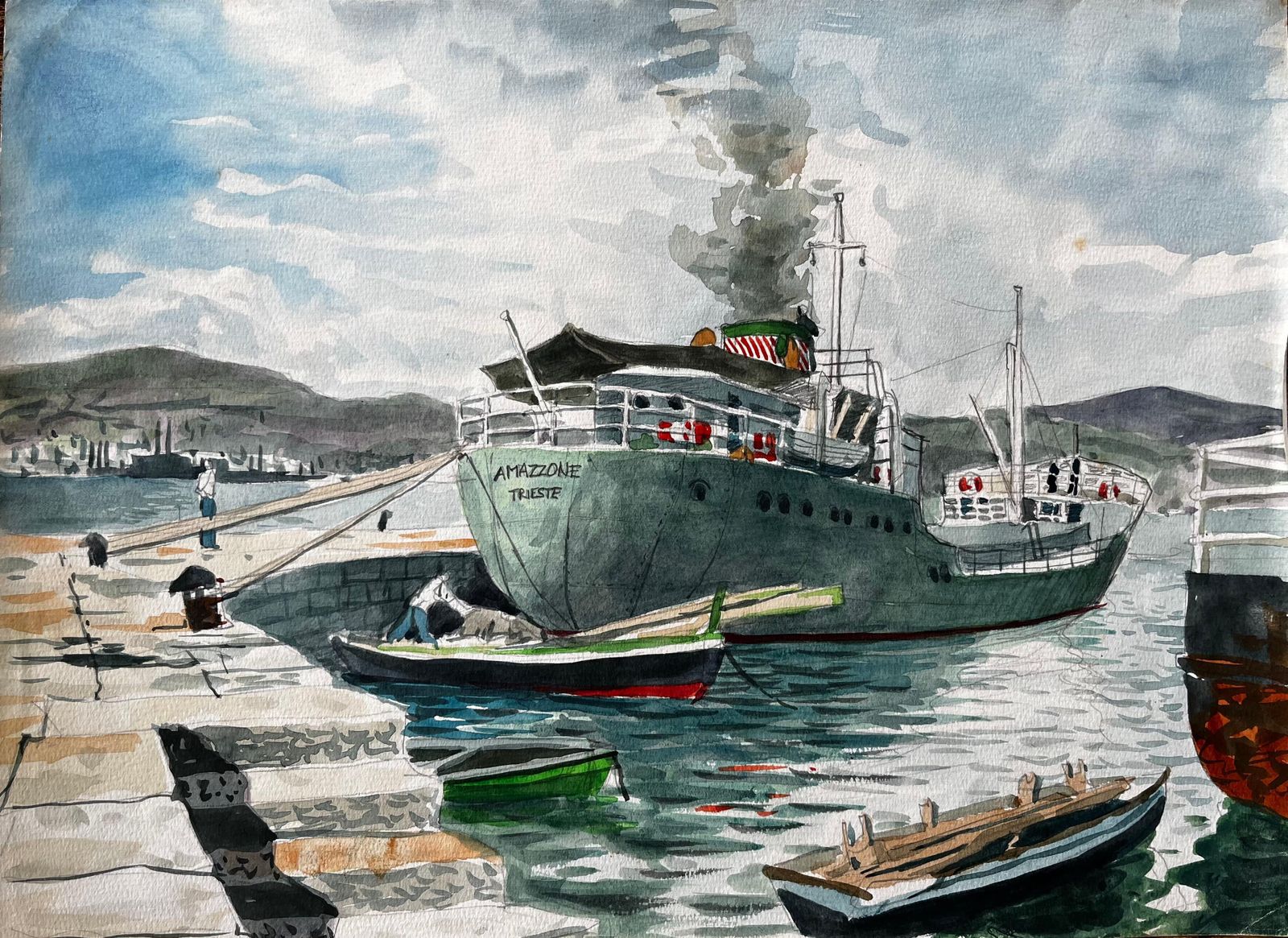 John Steane (B.1931)steamship Amazzone Harbour Scene Muggia Italy 1950 Signed Watercolour Painting1950