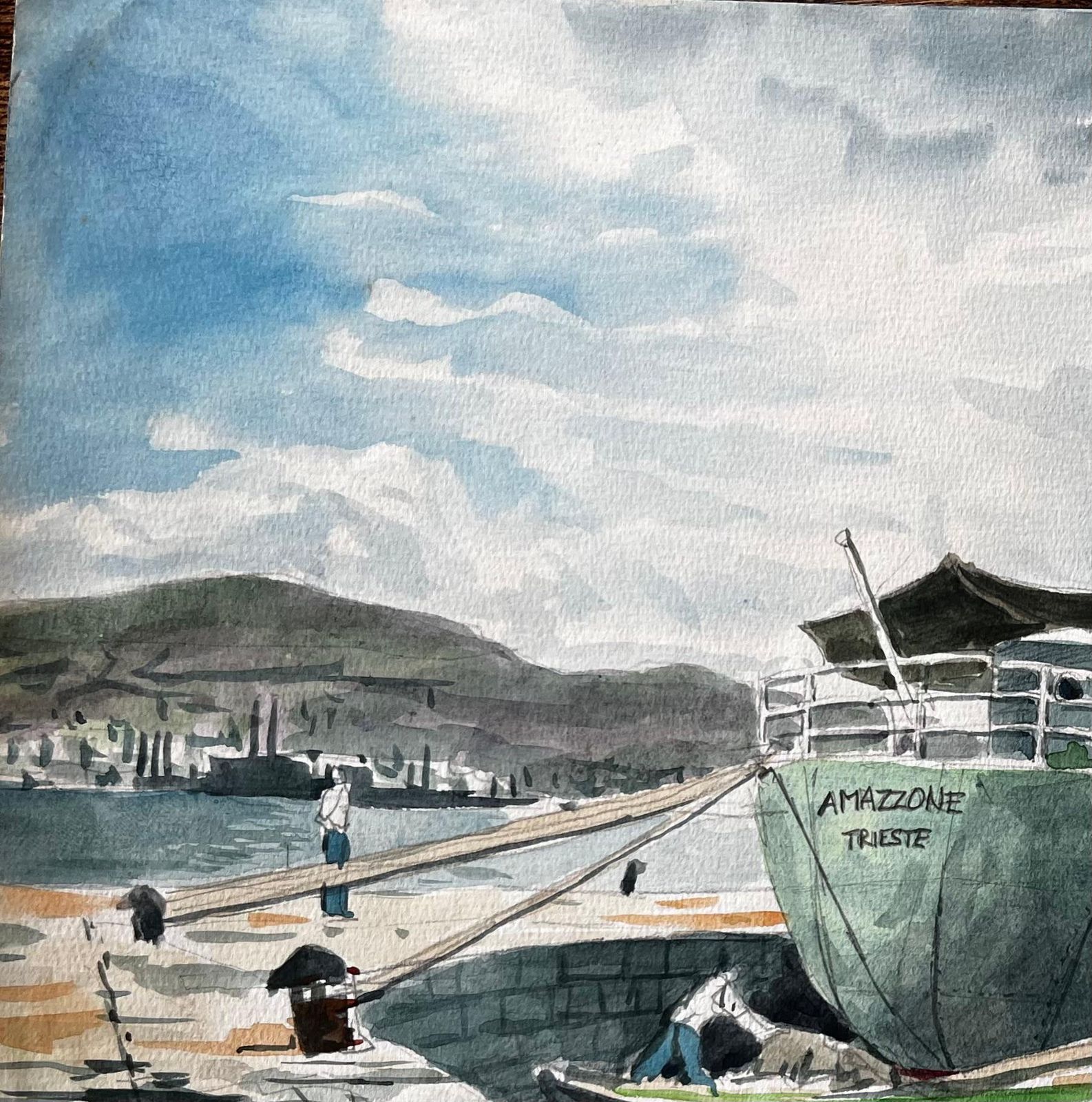 John Steane (B.1931)steamship Amazzone Harbour Scene Muggia Italy 1950 Signed Watercolour Painting1950 photo vinterior