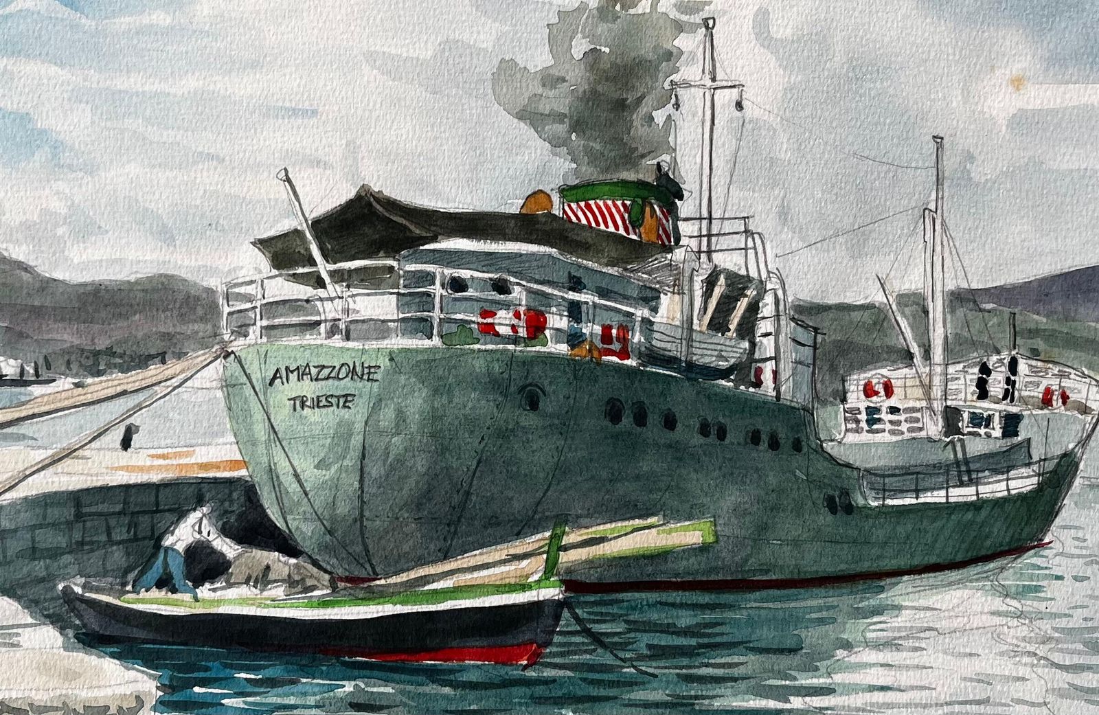 photo furniture John Steane (B.1931)steamship Amazzone Harbour Scene Muggia Italy 1950 Signed Watercolour Painting1950