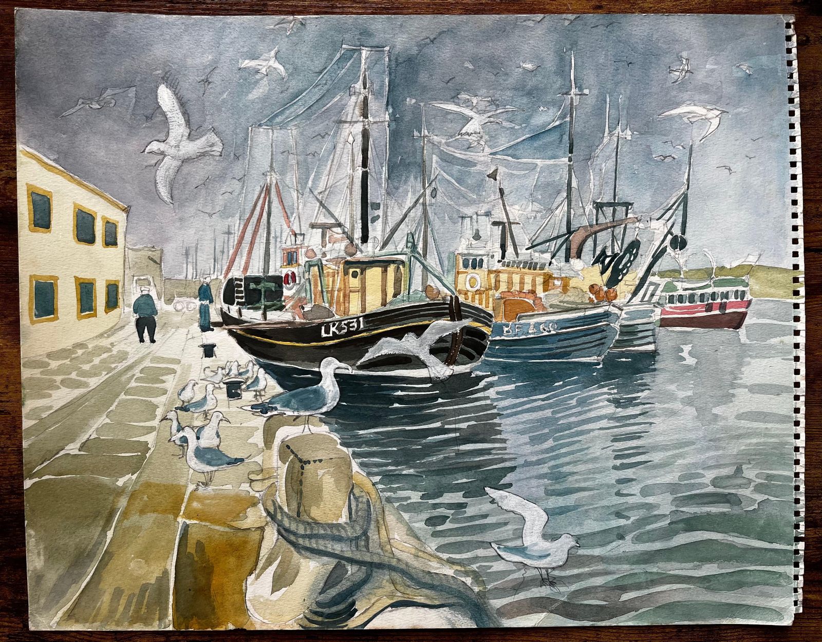 John Steane (B.1931)fishing Boats Harbour Scene With Seagulls British Coastal Watercolour Painting photo furniture
