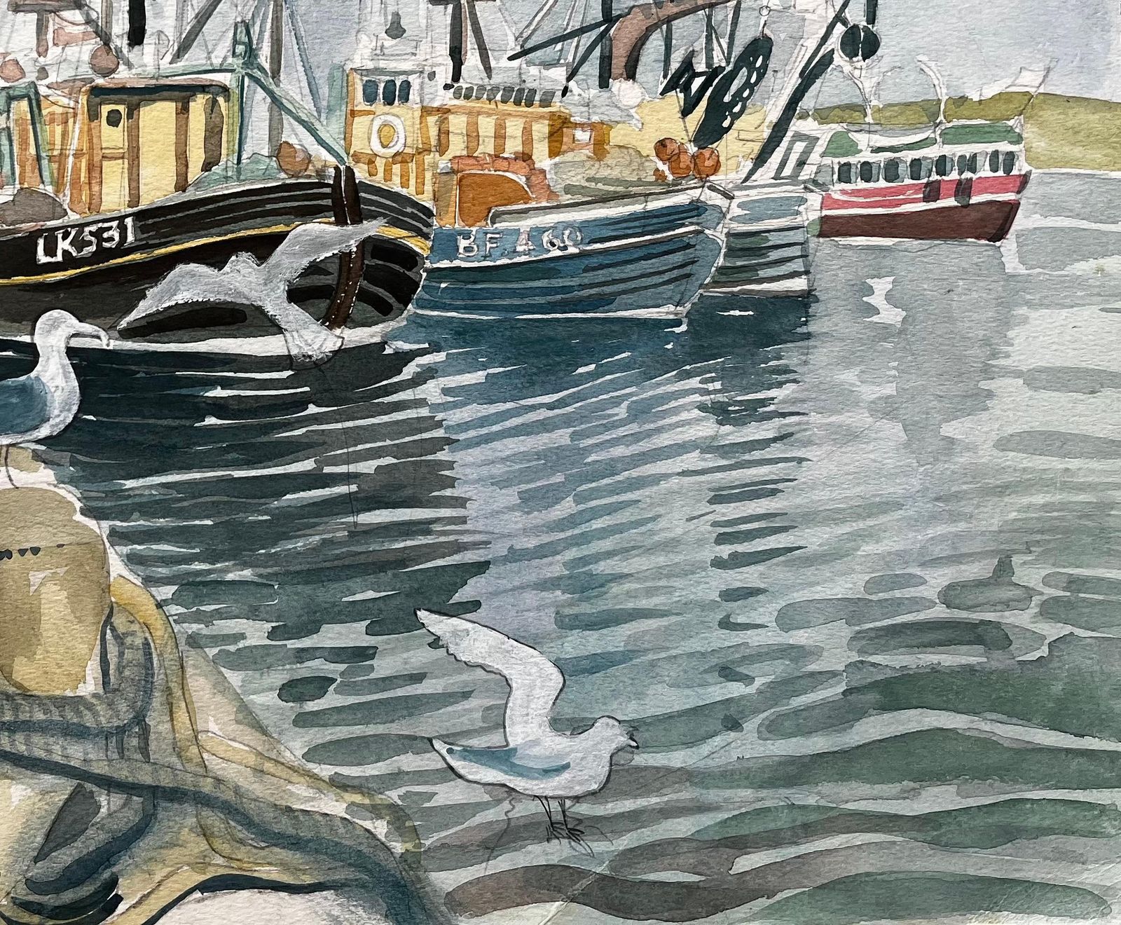 John Steane (B.1931)fishing Boats Harbour Scene With Seagulls British Coastal Watercolour Painting photo vinterior