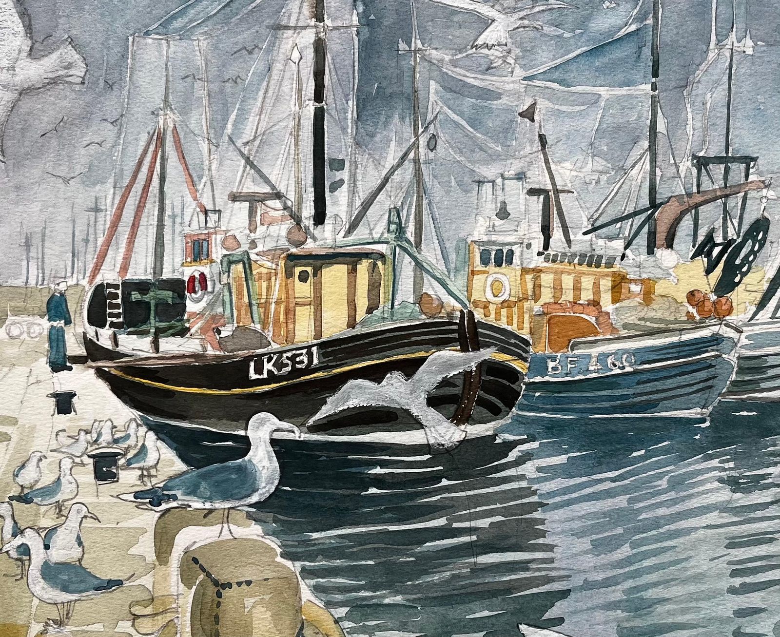 John Steane (B.1931)fishing Boats Harbour Scene With Seagulls British Coastal Watercolour Painting photo buy