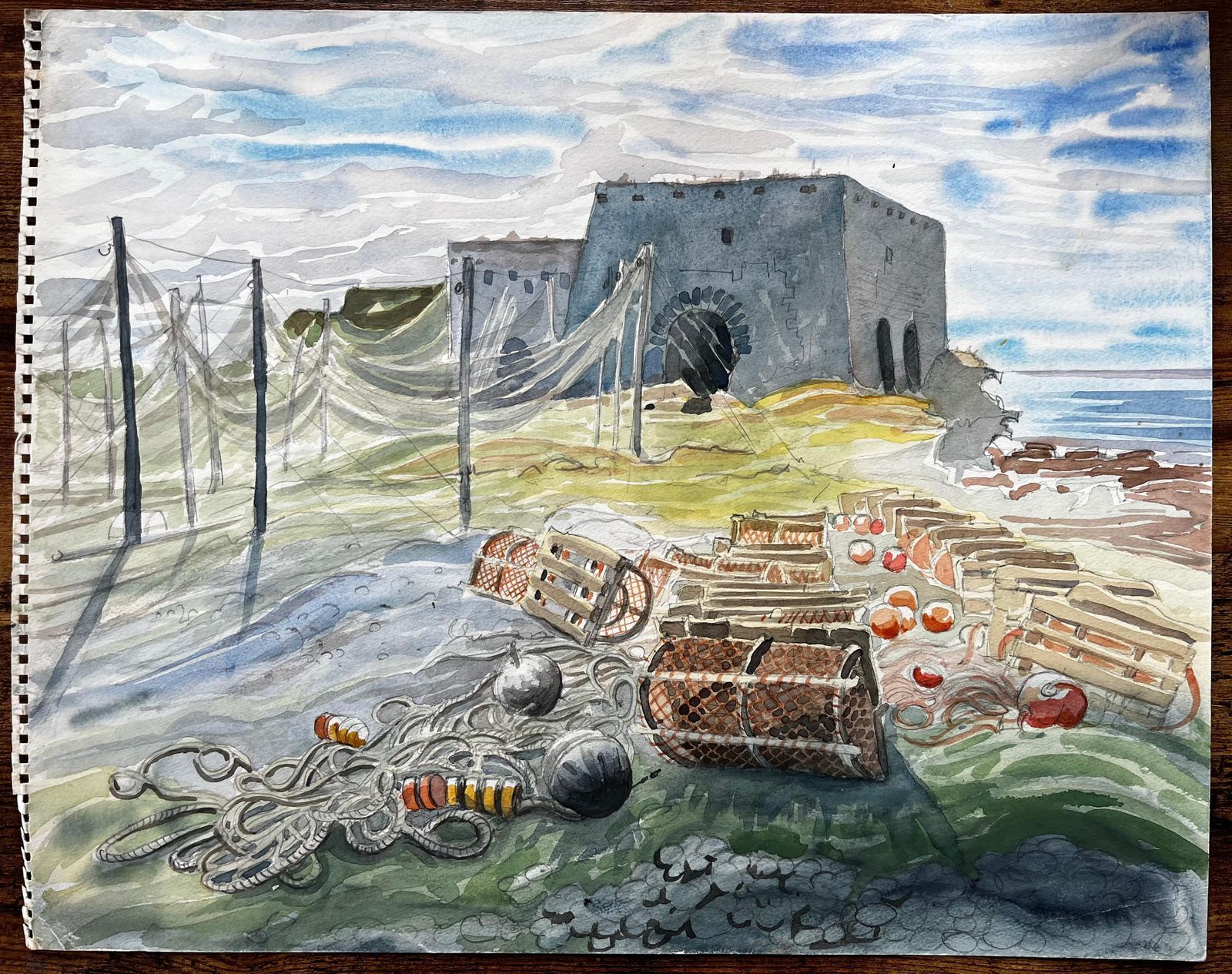 John Steane (B.1931)shetland Fishing Nets And Lobster Pots With Ruin By The Sea 1985 Watercolour1985 photo furniture
