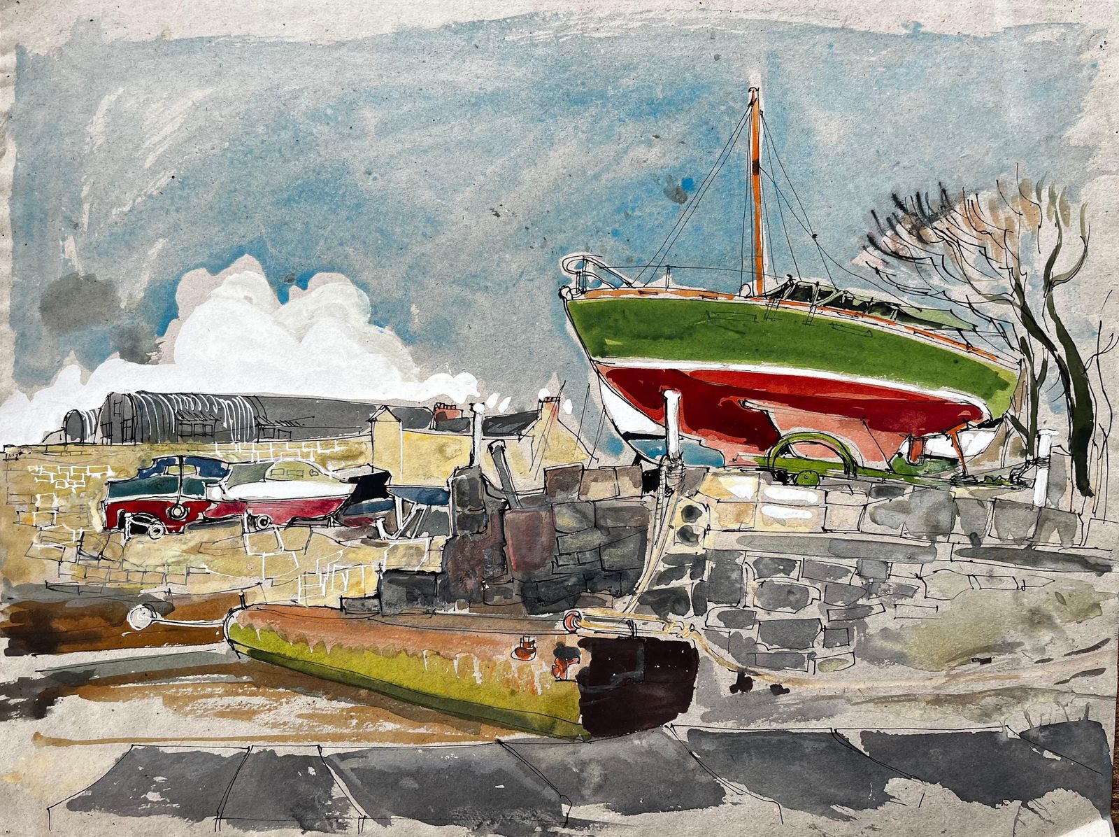 John Steane (B.1931)green And Red Sailboat In Harbour Yard With Vintage Cars Watercolour