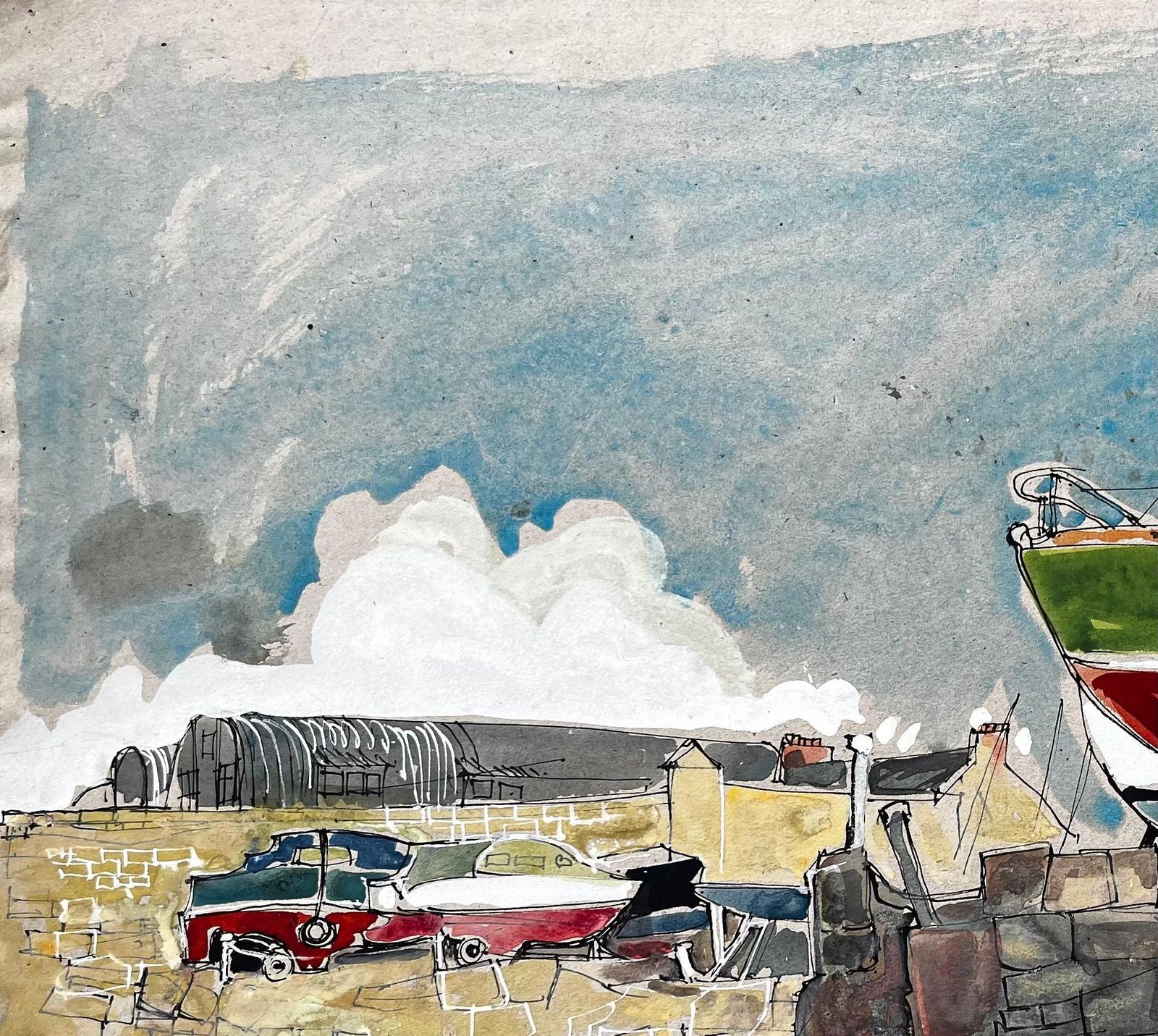 John Steane (B.1931)green And Red Sailboat In Harbour Yard With Vintage Cars Watercolour photo buy