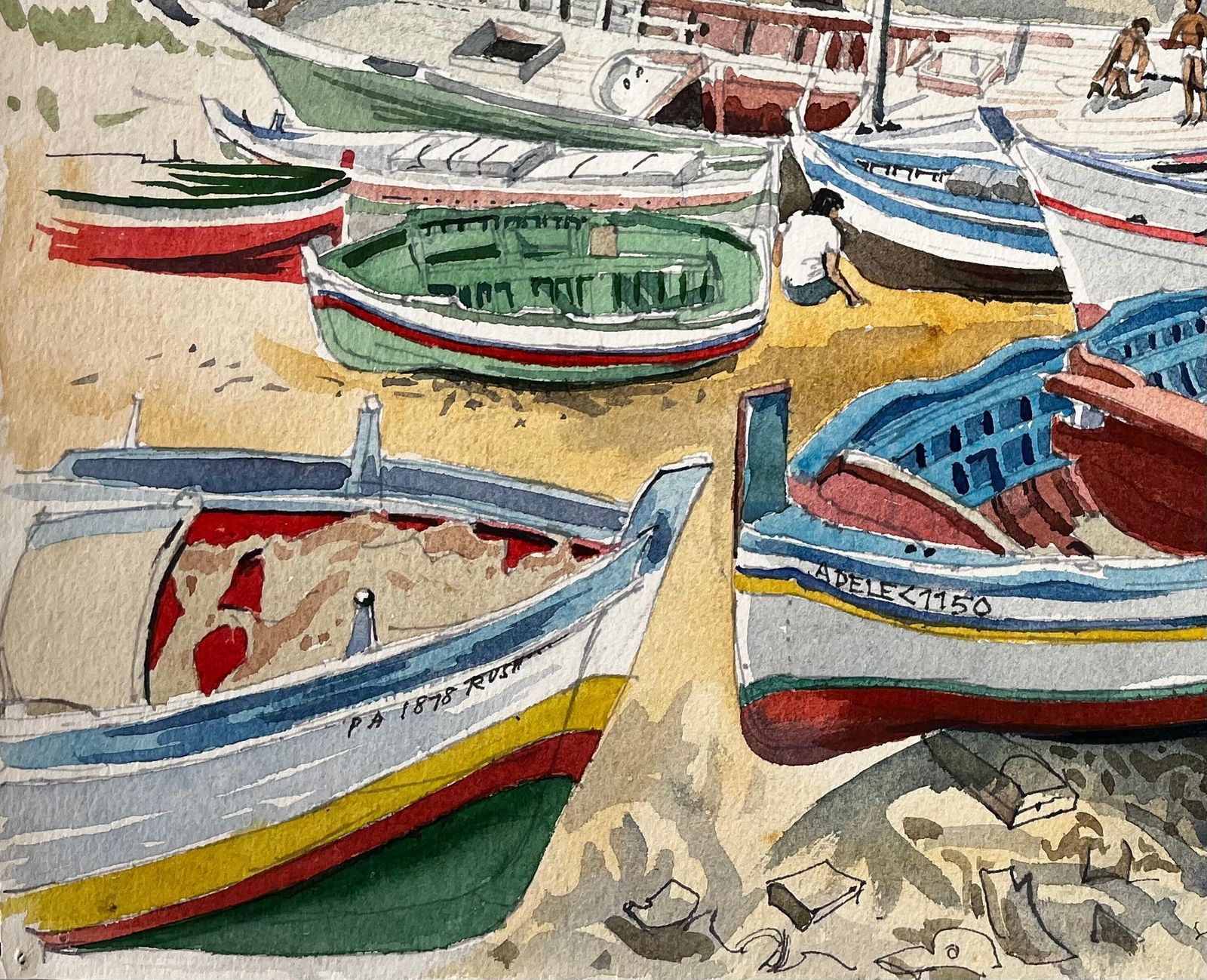 John Steane (B.1931)cretan Fishing Boats In Harbour With Church And Village 1980 Coastal Watercolour1980 photo Art