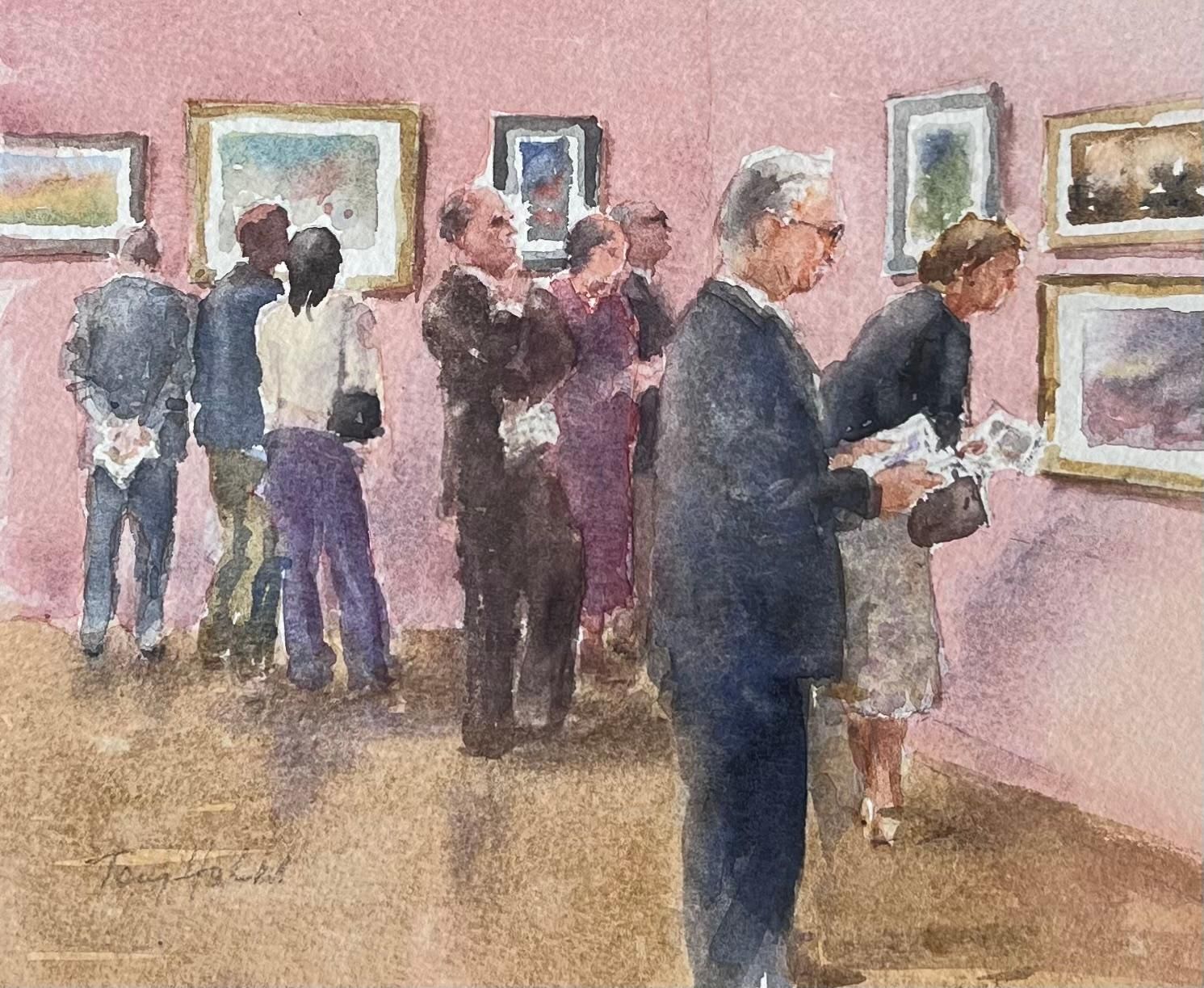 Anthony Herbertfigures Viewing The Gallery Exhibition In A Pink Interior British Watercolour photo furniture