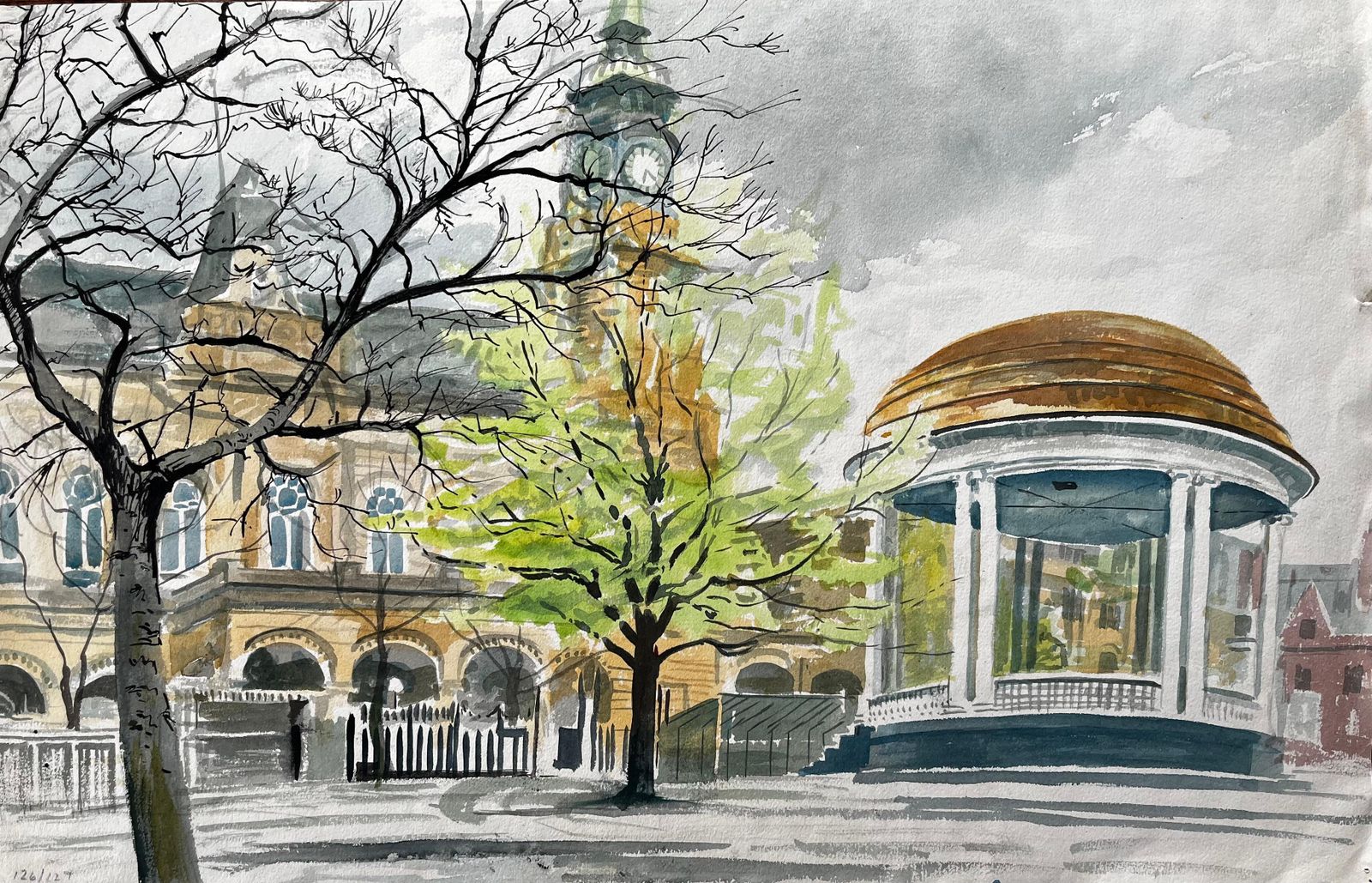 John Steane (B.1931)victorian Clocktower And Bandstand Spring Scene Watford Park Watercolour1992