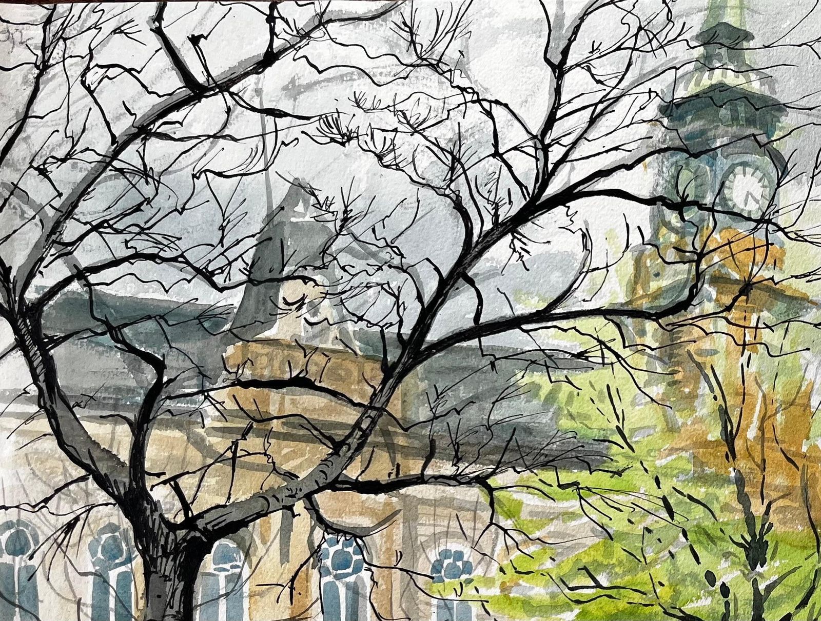 John Steane (B.1931)victorian Clocktower And Bandstand Spring Scene Watford Park Watercolour1992 photo Art