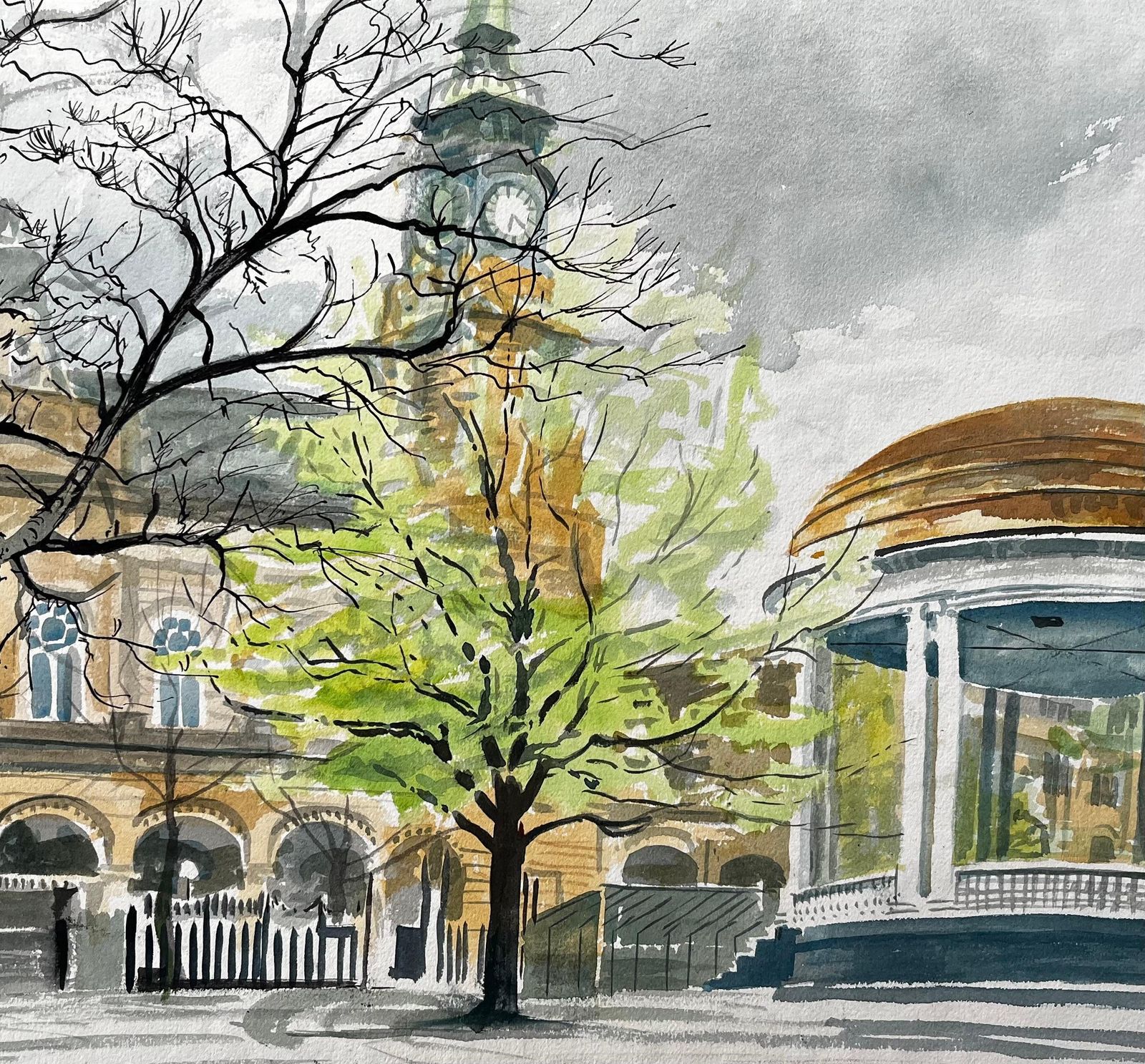 John Steane (B.1931)victorian Clocktower And Bandstand Spring Scene Watford Park Watercolour1992 photo vinterior