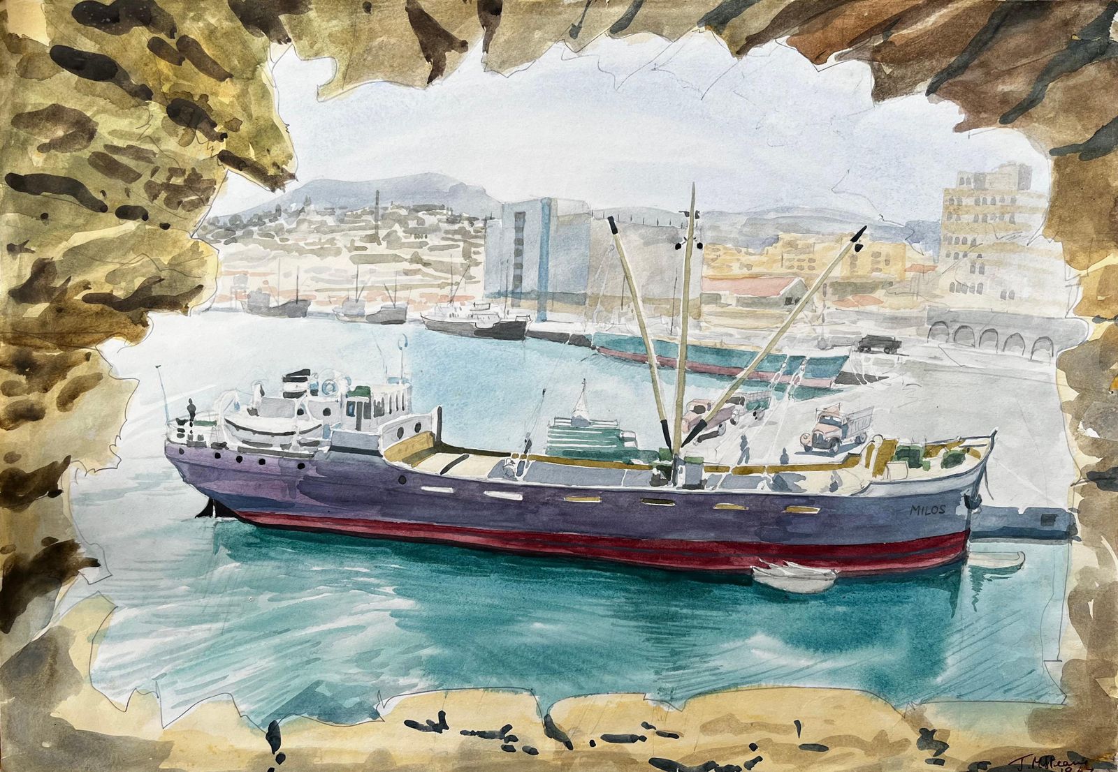 John Steane (B.1931)heraklion Harbour Crete Ship Milos Greek Port Scene Signed 1967 Watercolour1967