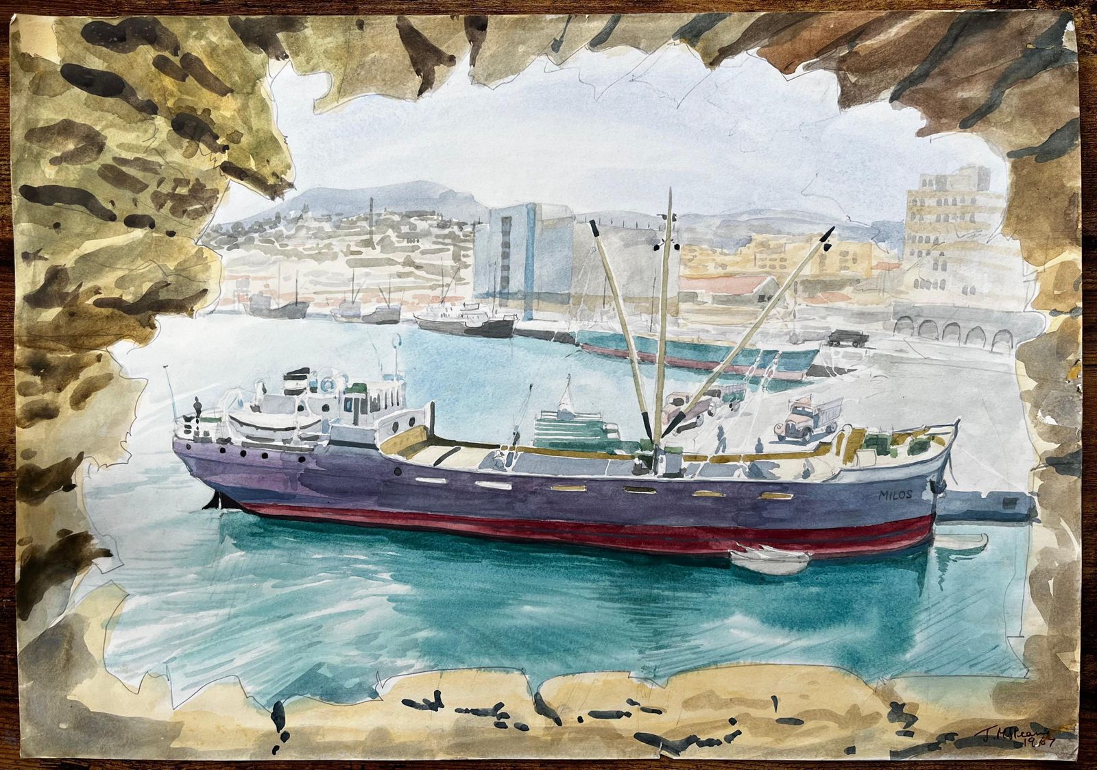 John Steane (B.1931)heraklion Harbour Crete Ship Milos Greek Port Scene Signed 1967 Watercolour1967 photo furniture