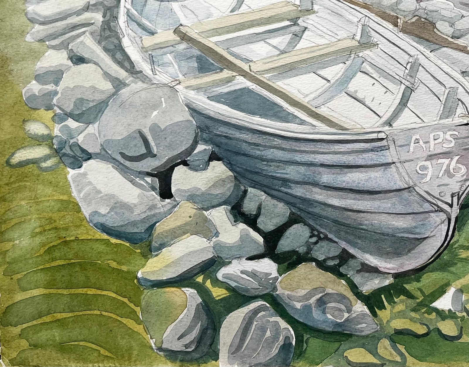 John Steane (B.1931)rowing Boats On Rocky Shore With Grass And Distant Hills By John Steane photo Art