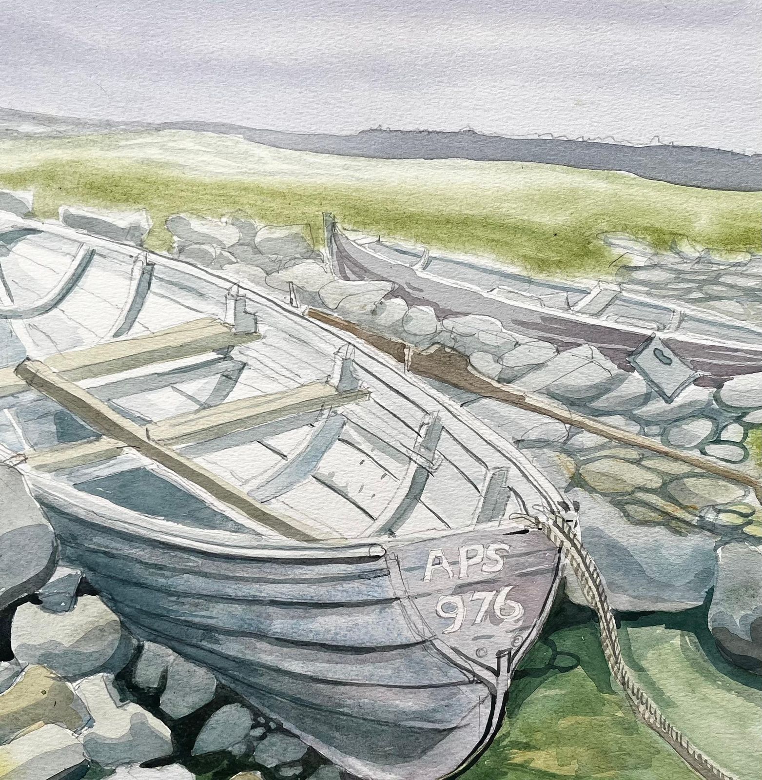 John Steane (B.1931)rowing Boats On Rocky Shore With Grass And Distant Hills By John Steane photo buy