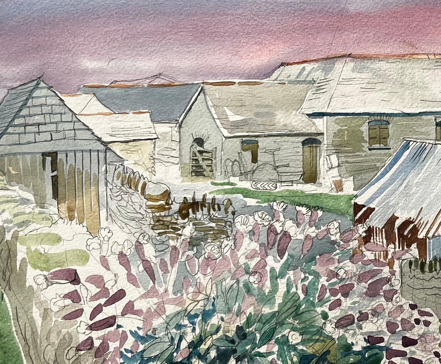 John Steane (B.1931)cornish Farm Buildings With Coastal View 20th Century British Watercolour photo vintage