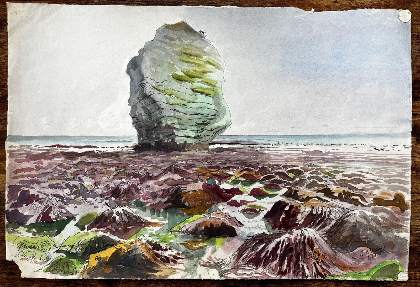 John Steane (B.1931)large Rock On Dorset Coast Low Tide 1960s English Watercolour Landscape1968 photo furniture