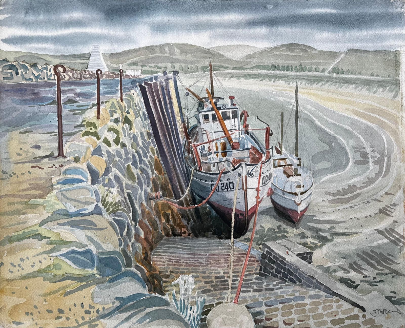 John Steane (B.1931)shetland Harbour Fishing Boats At Low Tide By British Artist John Steane