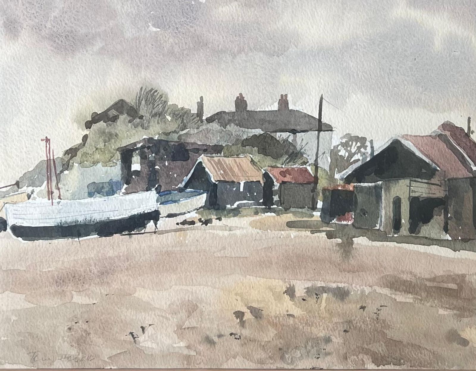 Anthony Herbertboats Docked On Shore By Weathered Wooden Sheds With Rusted Roofs Watercolour photo furniture