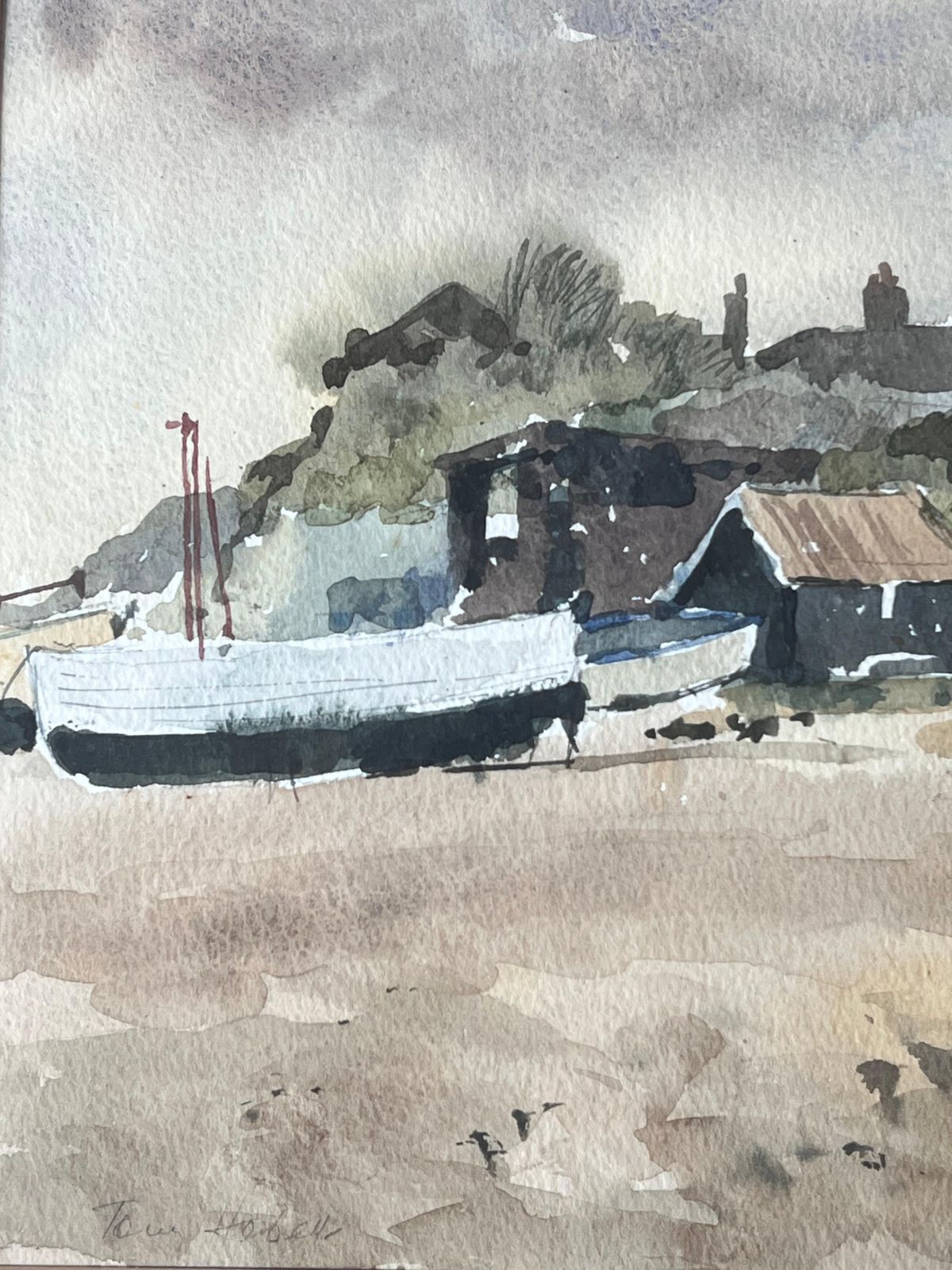 Anthony Herbertboats Docked On Shore By Weathered Wooden Sheds With Rusted Roofs Watercolour photo Art