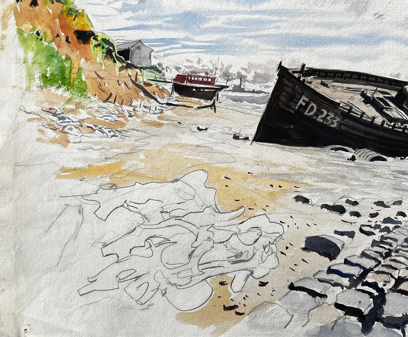 John Steane (B.1931)beached Fishing Boat On Mersey Estuary Industrial Lancashire Landscape photo 433.0