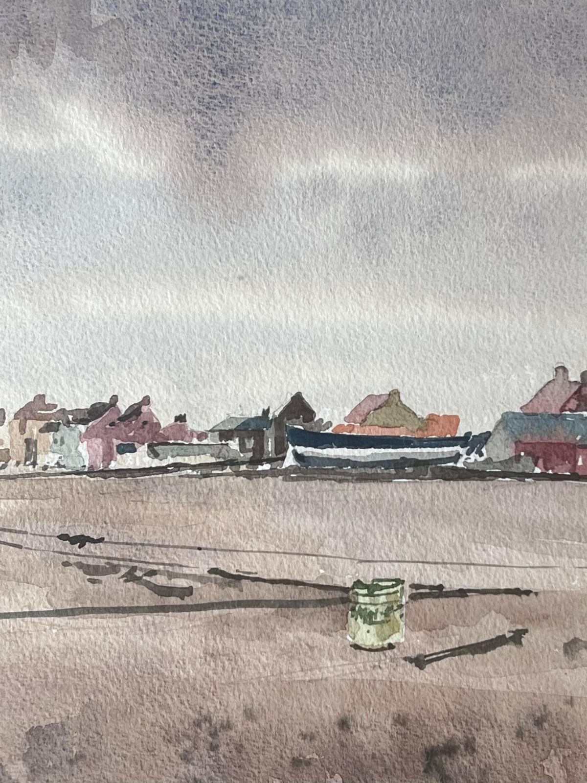 Anthony Herbertfigures With A Beached Fishing Boat On Aldeburgh Beach Watercolour photo 449.0