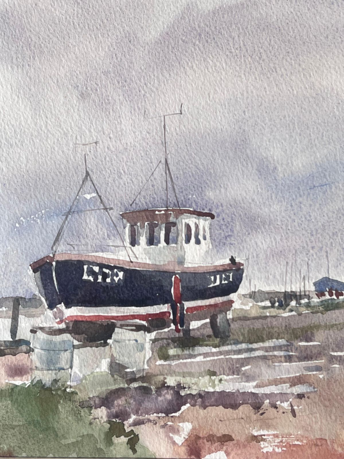 Anthony Herbertfishing Boats Pulled Up On Dry Land Beside A Rough Coastal Track Watercolour photo 454.0