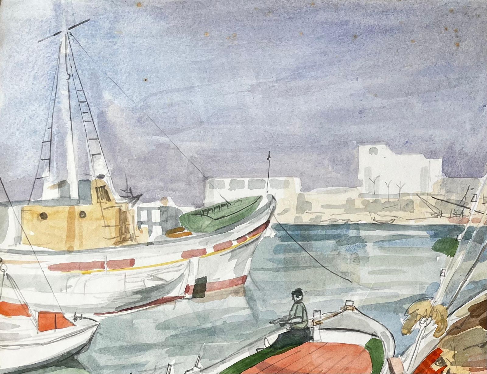 John Steane (B.1931)crete Fishing Boats Dock Scene With Harbour And Village Watercolour Painting photo vinterior