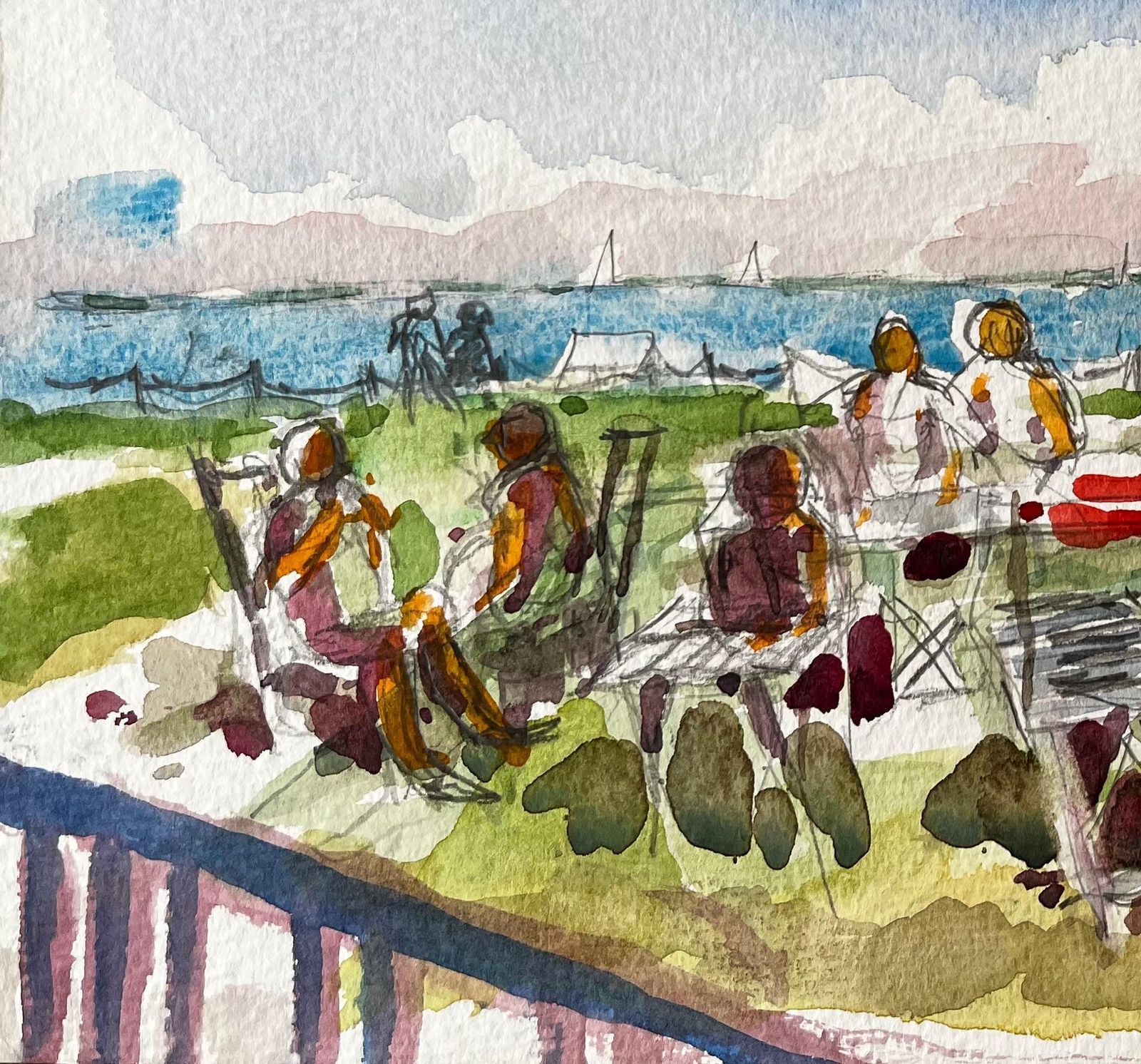 John Steane (B.1931)osborne House Beach Scene Isle Of Wight 2018 Watercolour Figures And Sea View2018 photo Art
