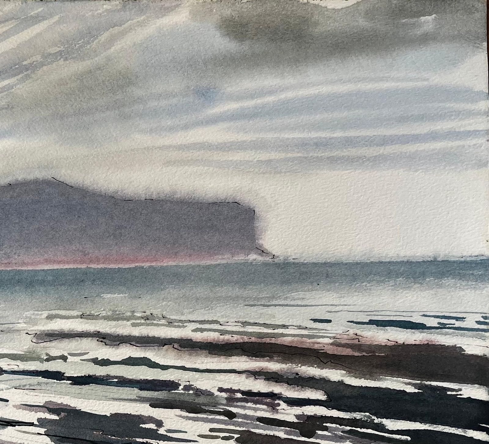 John Steane (B.1931)rocky Shoreline And Misty Mountains Welsh Coast 1985 Seascape Watercolour1985 photo for sale