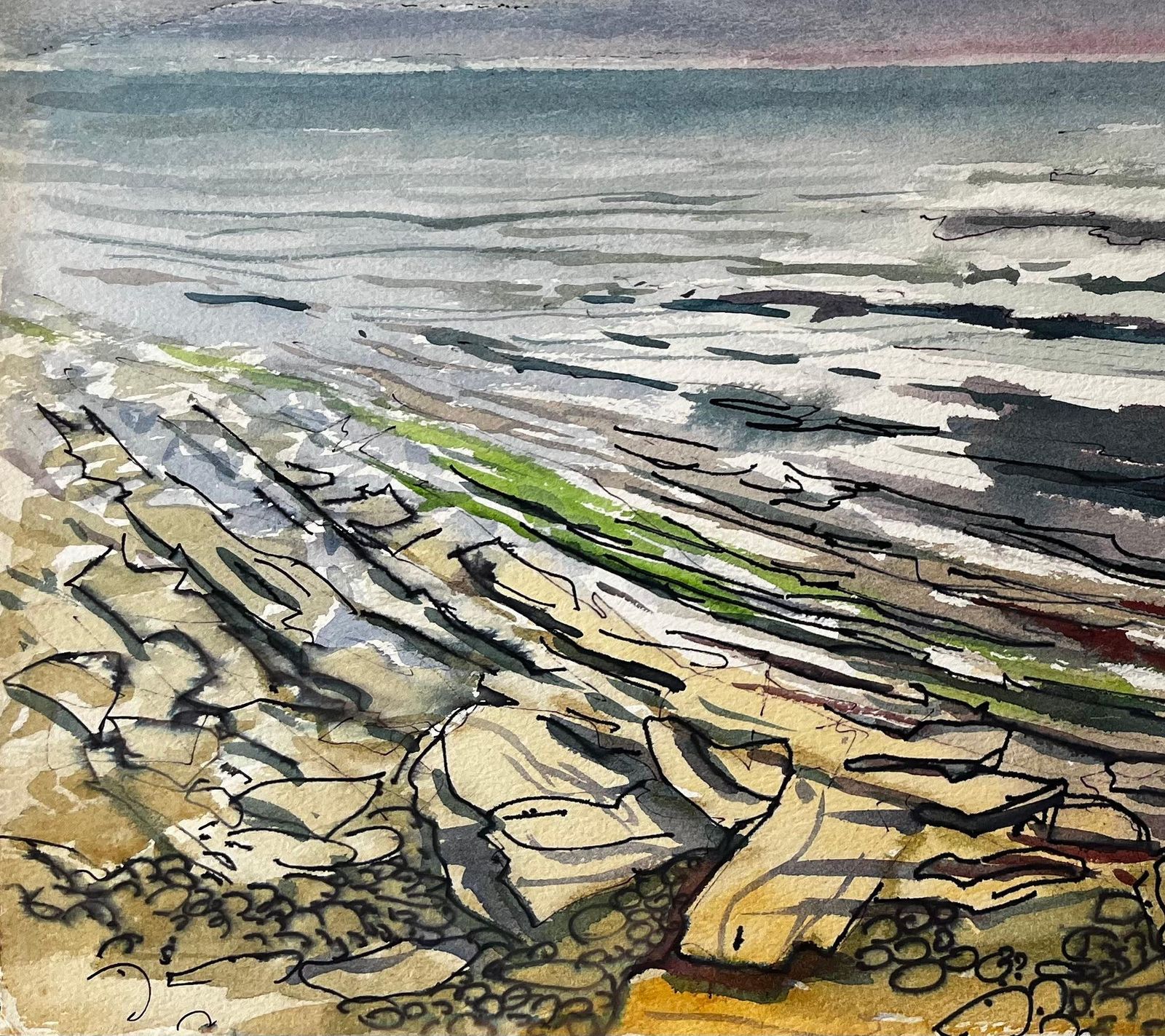 John Steane (B.1931)rocky Shoreline And Misty Mountains Welsh Coast 1985 Seascape Watercolour1985 photo 602.0
