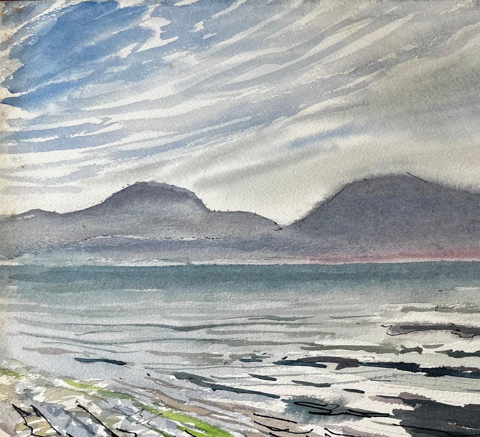 John Steane (B.1931)rocky Shoreline And Misty Mountains Welsh Coast 1985 Seascape Watercolour1985 photo vinterior