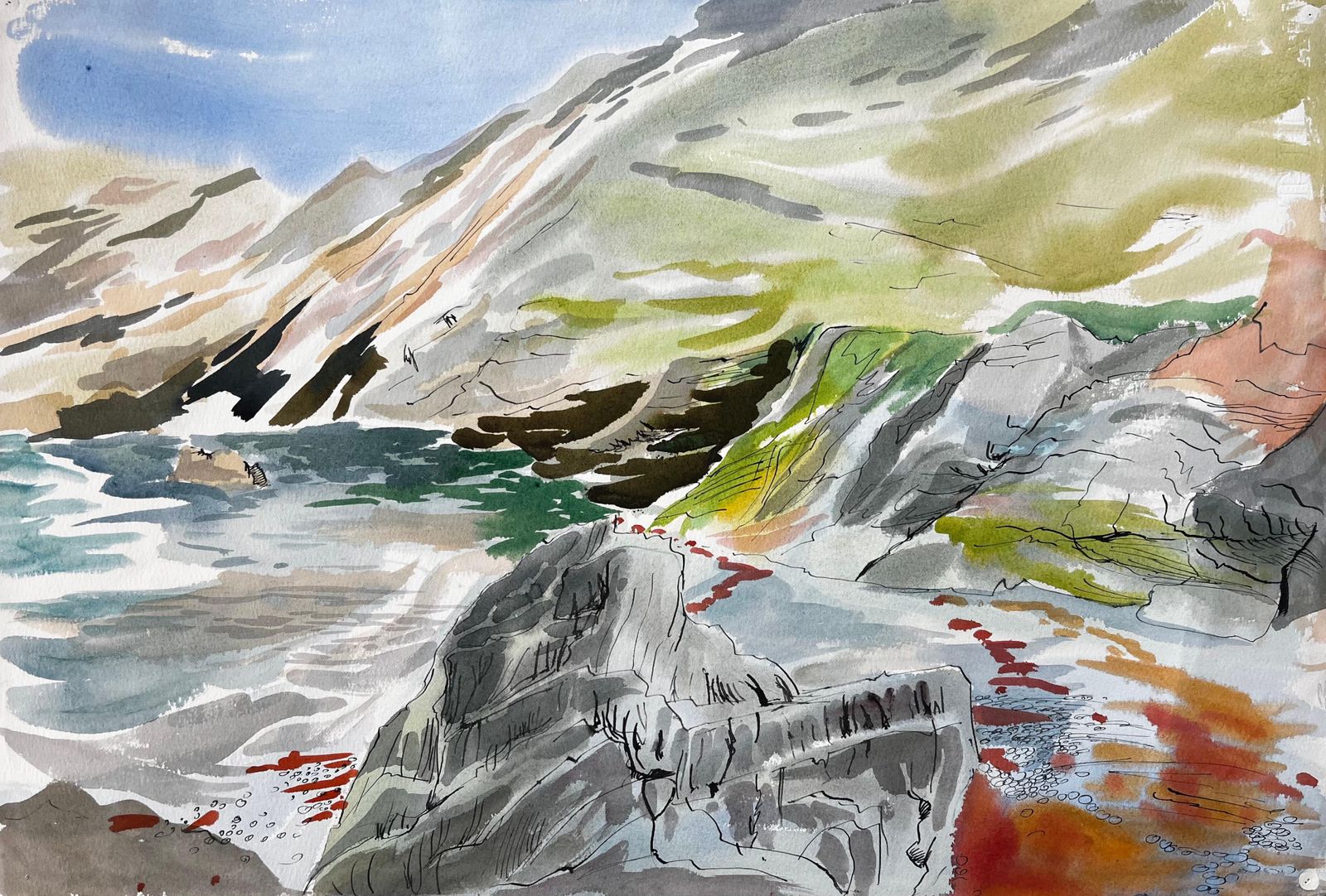 John Steane (B.1931)cliffs And Rock Pools On The Dorset Coastline Expressive Coastal Watercolour