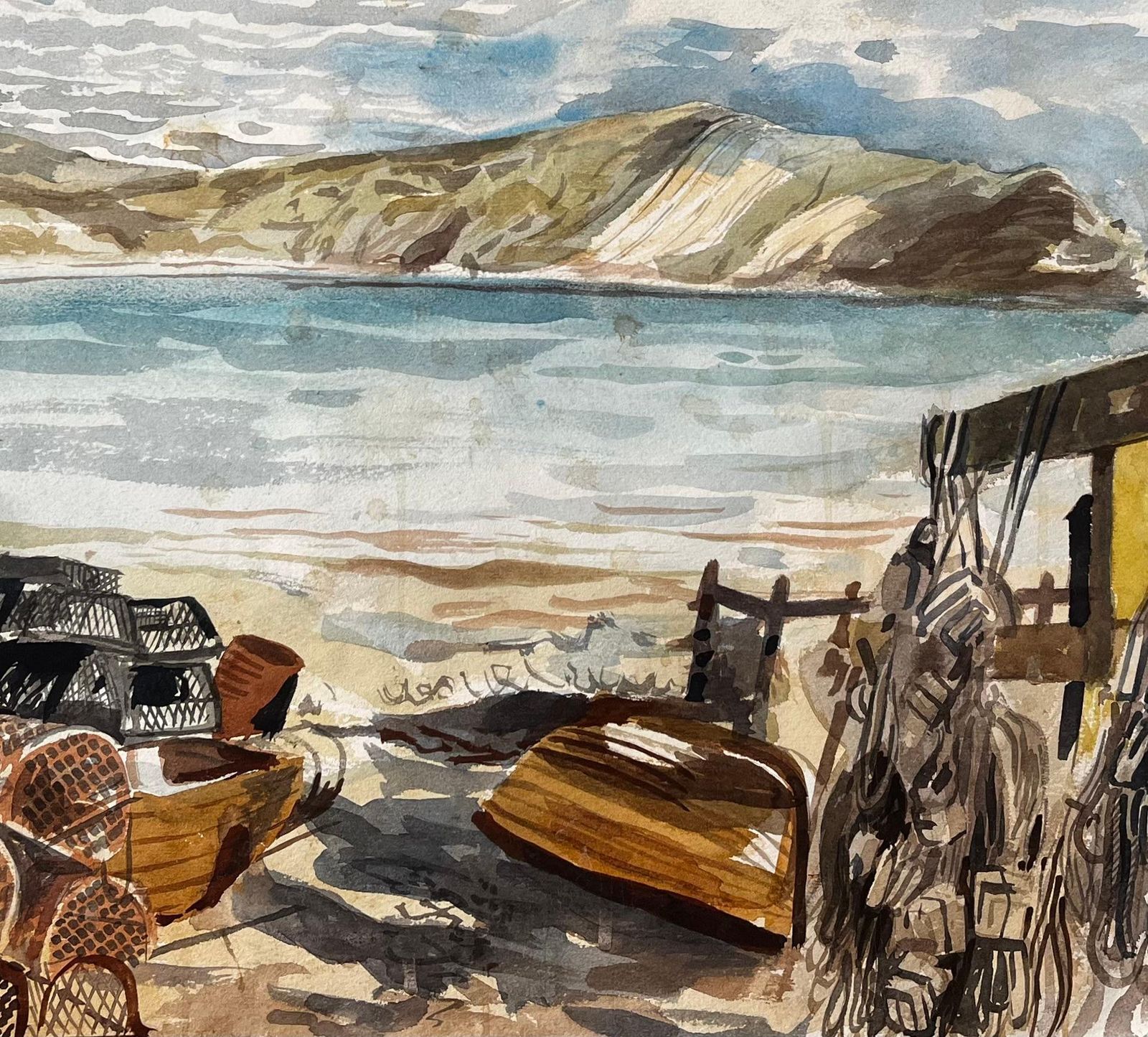 John Steane (B.1931)lobster Pots And Fishing Nets On Dorset Coastline 1967 Coastal Watercolour Scene photo for sale