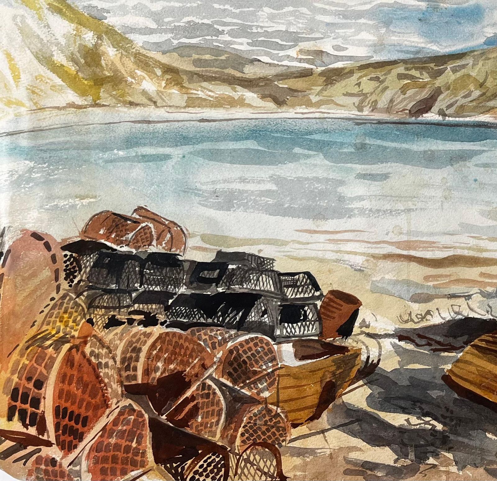 John Steane (B.1931)lobster Pots And Fishing Nets On Dorset Coastline 1967 Coastal Watercolour Scene photo 556.0