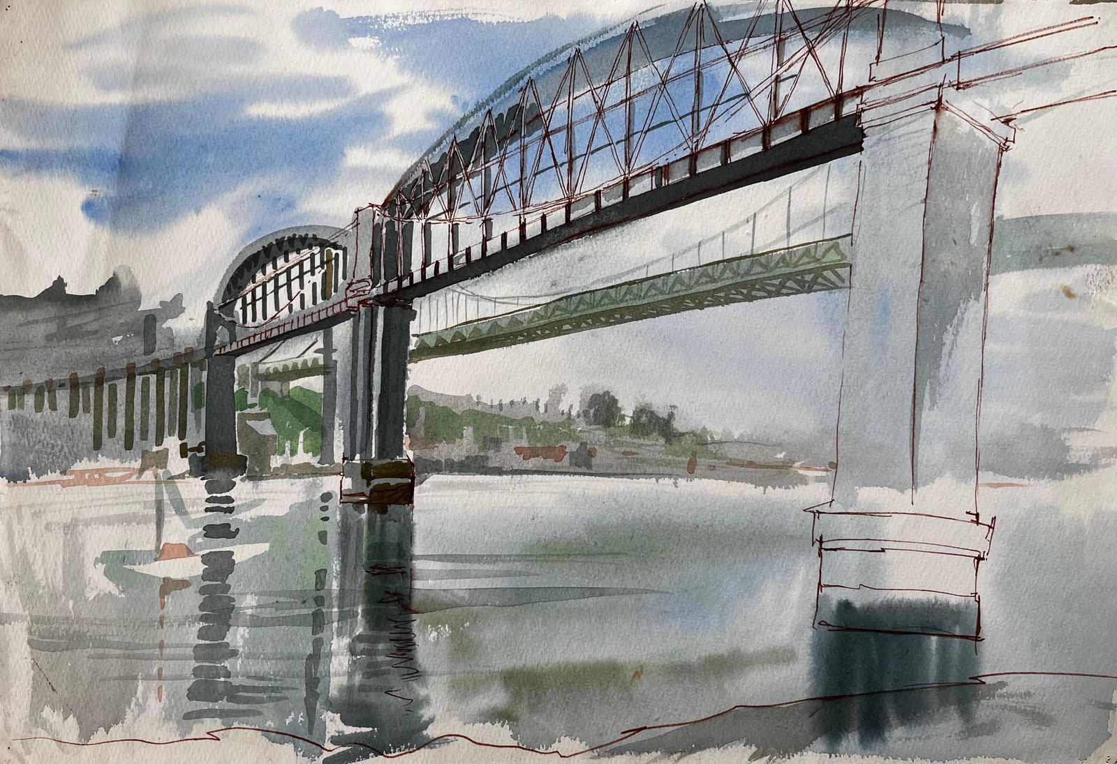 John Steane (B.1931)devon Cornwall Railway Bridge Over River Tamar Unfinished Watercolour Sketch